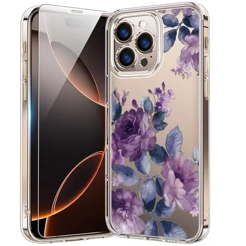 bicol for iPhone 16 Pro Max Case with Screen Protector, Enhanced Camera Protection, Crystal Clear with Fashionable Designs for Girls Women, Slim Fit Protective Phone Cover, Purple Flowers 
