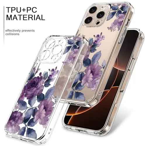 bicol for iPhone 16 Pro Max Case with Screen Protector, Enhanced Camera Protection, Crystal Clear with Fashionable Designs for Girls Women, Slim Fit Protective Phone Cover, Purple Flowers - 3