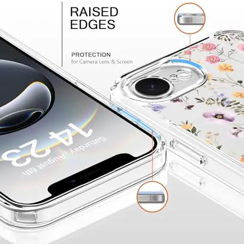 bicol for iPhone 16e Case with Screen Protector, Enhanced Camera Protection, Crystal Acrylic Clear with Fashionable Designs for Girls Women, Slim Fit Protective Phone Cover, Blooming Wildflower - 2