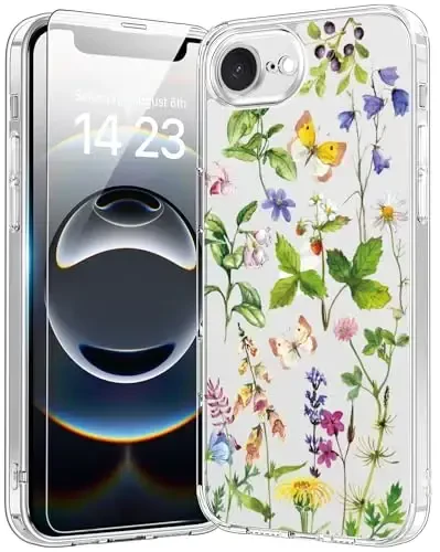 bicol for iPhone 16e Case with Screen Protector, Enhanced Camera Protection, Crystal Acrylic Clear with Fashionable Designs for Girls Women, Slim Fit Protective Phone Cover, Butterfly Flowers 