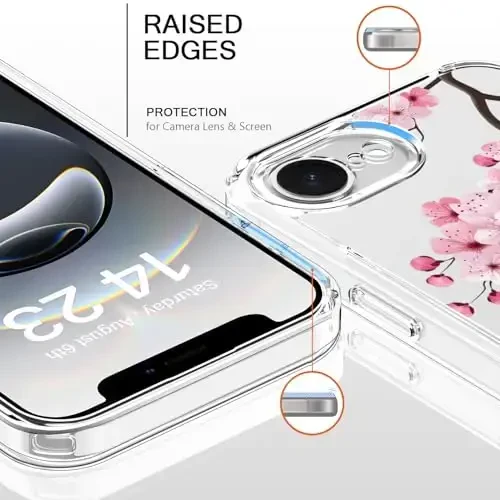 bicol for iPhone 16e Case with Screen Protector, Enhanced Camera Protection, Crystal Acrylic Clear with Fashionable Pattern Designs for Girls Women, Slim Fit Protective Phone Cover, Blooming Cherry - BICOL (1)