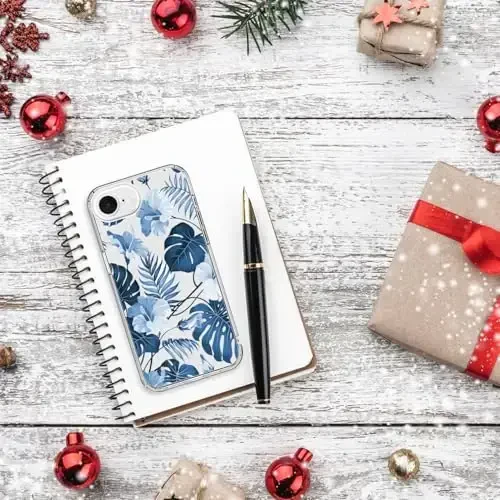 bicol for iPhone 16e Case with Screen Protector, Enhanced Camera Protection, Crystal Acrylic Clear with Fashionable Pattern Designs for Girls Women, Slim Fit Protective Phone Cover, Blue Leaves - 6