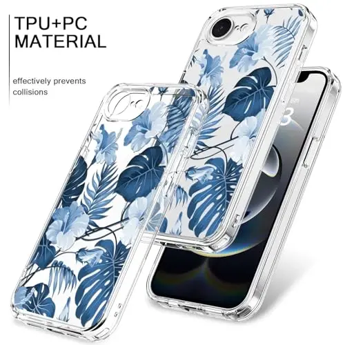 bicol for iPhone 16e Case with Screen Protector, Enhanced Camera Protection, Crystal Acrylic Clear with Fashionable Pattern Designs for Girls Women, Slim Fit Protective Phone Cover, Blue Leaves - 3