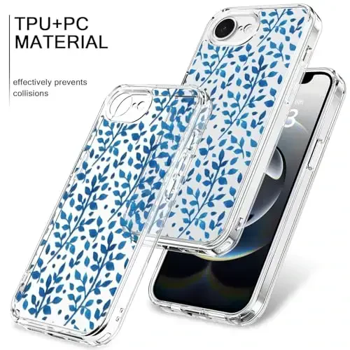 bicol for iPhone 16e Case with Screen Protector, Enhanced Camera Protection, Crystal Acrylic Clear with Fashionable Pattern Designs for Girls Women, Slim Fit Protective Phone Cover, Cute Blue Leaves - 3