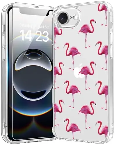 bicol for iPhone 16e Case with Screen Protector, Enhanced Camera Protection, Crystal Acrylic Clear with Fashionable Pattern Designs for Girls Women, Slim Fit Protective Phone Cover, Flamingos - 1