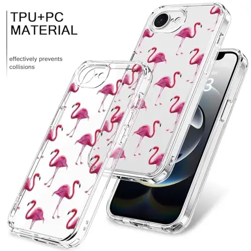 bicol for iPhone 16e Case with Screen Protector, Enhanced Camera Protection, Crystal Acrylic Clear with Fashionable Pattern Designs for Girls Women, Slim Fit Protective Phone Cover, Flamingos - 3