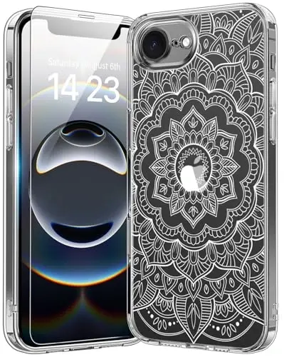 bicol for iPhone 16e Case with Screen Protector, Enhanced Camera Protection, Crystal Acrylic Clear with Fashionable Pattern Designs for Girls Women, Slim Fit Protective Phone Cover, Henna - 1