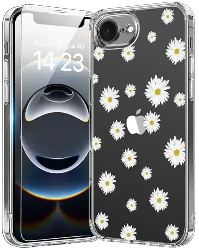 bicol for iPhone 16e Case with Screen Protector, Enhanced Camera Protection, Crystal Acrylic Clear with Fashionable Pattern Designs for Girls Women, Slim Fit Protective Phone Cover, Nice Daisy 