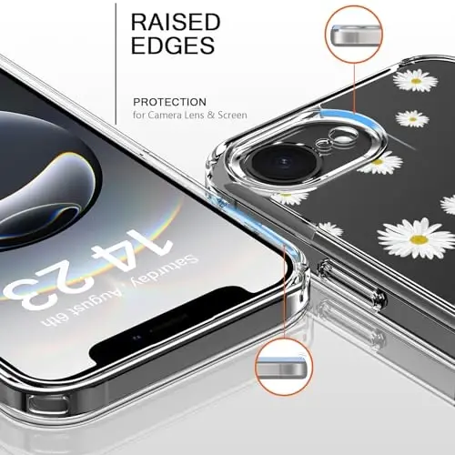 bicol for iPhone 16e Case with Screen Protector, Enhanced Camera Protection, Crystal Acrylic Clear with Fashionable Pattern Designs for Girls Women, Slim Fit Protective Phone Cover, Nice Daisy - 2