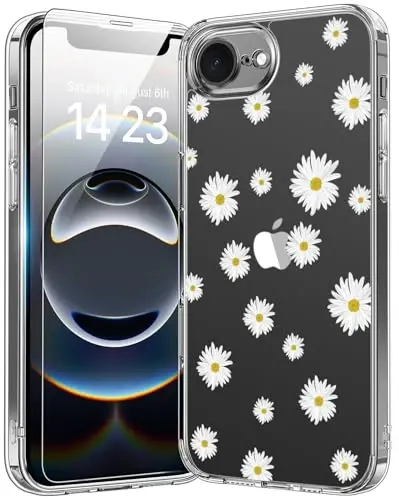 bicol for iPhone 16e Case with Screen Protector, Enhanced Camera Protection, Crystal Acrylic Clear with Fashionable Pattern Designs for Girls Women, Slim Fit Protective Phone Cover, Nice Daisy - 1