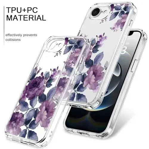 bicol for iPhone 16e Case with Screen Protector, Enhanced Camera Protection, Crystal Acrylic Clear with Fashionable Pattern Designs for Girls Women, Slim Fit Protective Phone Cover, Purple Flowers - 3