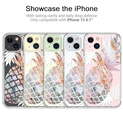bicol iPhone 15 G‘ilofiga mos keladi, Qizlar va Ayollar uchun Hashamatli Naqshli Kristalli Akril Shaffof, Yupqa Zarbga Chidamli Himoya Telefon Qoplami 6.1 dyuym, Chiroyli Ananas - 5