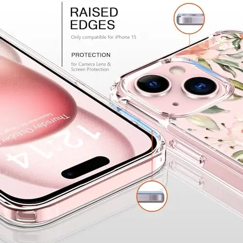 bicol Compatible with iPhone 15 Case, Crystal Acrylic Clear with Fashionable Pattern Designs for Girls Women, Slim Fit Shockproof Protective Phone Cover 6.1 inch,Champagne Flowers - 2