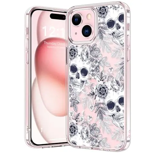 bicol Compatible with iPhone 15 Case, Crystal Acrylic Clear with Fashionable Pattern Designs for Girls Women, Slim Fit Shockproof Protective Phone Cover 6.1 inch,Elegant Skulls 