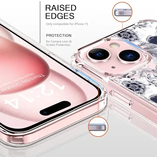 bicol Compatible with iPhone 15 Case, Crystal Acrylic Clear with Fashionable Pattern Designs for Girls Women, Slim Fit Shockproof Protective Phone Cover 6.1 inch,Elegant Skulls - BICOL (1)