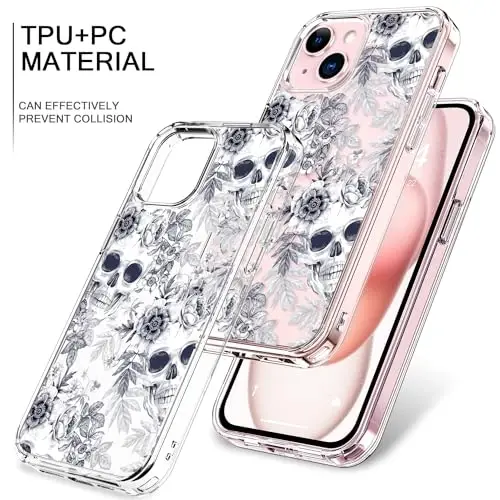 bicol Compatible with iPhone 15 Case, Crystal Acrylic Clear with Fashionable Pattern Designs for Girls Women, Slim Fit Shockproof Protective Phone Cover 6.1 inch,Elegant Skulls - 3