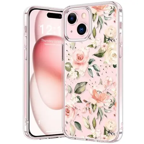 bicol Compatible with iPhone 15 Case, Crystal Acrylic Clear with Fashionable Pattern Designs for Girls Women, Slim Fit Shockproof Protective Phone Cover 6.1 inch,Champagne Flowers 