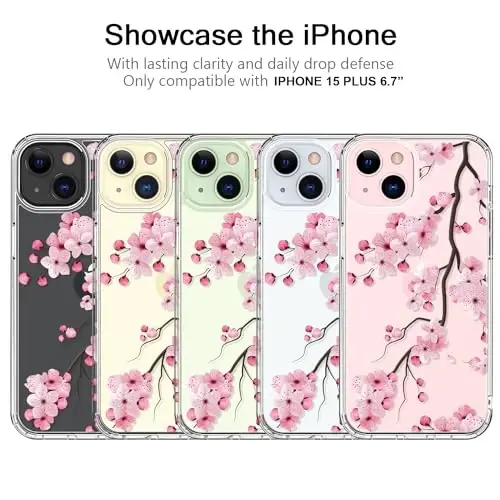 bicol Compatible with iPhone 15 Plus Case, Crystal Acrylic Clear with Fashionable Pattern Designs for Girls Women, Slim Fit Shockproof Protective Phone Cover 6.7 inch,Blooming Cherry - 5