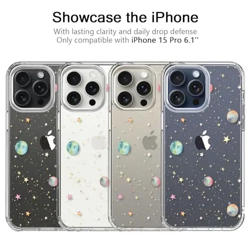 bicol Compatible with iPhone 15 Pro Case, Crystal Acrylic Clear with Fashionable Pattern Designs for Girls Women, Slim Fit Shockproof Protective Phone Cover 6.1 inch,Planets - 3