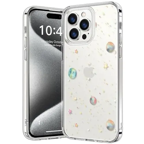 bicol Compatible with iPhone 15 Pro Case, Crystal Acrylic Clear with Fashionable Pattern Designs for Girls Women, Slim Fit Shockproof Protective Phone Cover 6.1 inch,Planets 