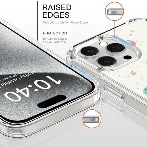 bicol Compatible with iPhone 15 Pro Case, Crystal Acrylic Clear with Fashionable Pattern Designs for Girls Women, Slim Fit Shockproof Protective Phone Cover 6.1 inch,Planets - 2