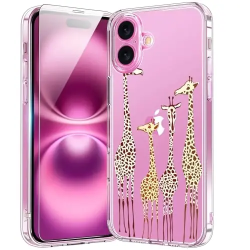 bicol for iPhone 16 Plus Case with Screen Protector, Enhanced Camera Protection, Crystal Acrylic Clear with Fashionable Pattern Designs for Girls Women, Slim Fit Protective Phone Cover, Cute Giraffe 