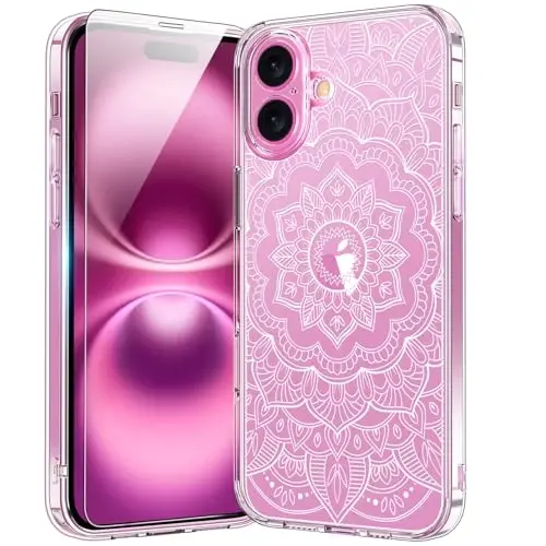 bicol for iPhone 16 Plus Case with Screen Protector, Enhanced Camera Protection, Crystal Acrylic Clear with Fashionable Pattern Designs for Girls Women, Slim Fit Protective Phone Cover, Henna 