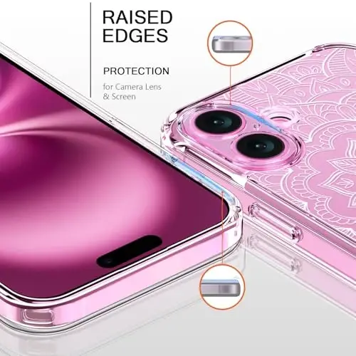 bicol for iPhone 16 Plus Case with Screen Protector, Enhanced Camera Protection, Crystal Acrylic Clear with Fashionable Pattern Designs for Girls Women, Slim Fit Protective Phone Cover, Henna - BICOL (1)