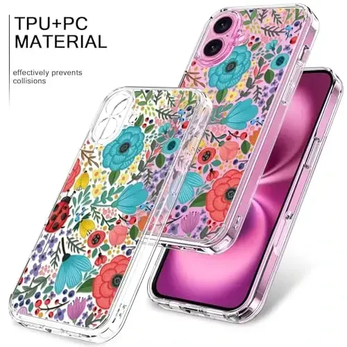 Bicol iPhone 16 Plus uchun g'ilof, ekran himoyachisi, kuchaytirilgan kamera himoyasi, moda dizaynli tiniq akril, qizlar ayollar uchun ingichka himoya telefon qopqog'i, ko'p rangli gullar - 3