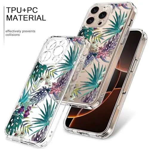 Bicol iPhone 16 Pro uchun ekran himoyachisi bilan g'ilof, takomillashtirilgan kamera himoyasi, qizlar va ayollar uchun moda dizaynlari bilan shaffof akril kristall, ingichka himoya telefon qopqog'i, rangli tropik barglar - 3