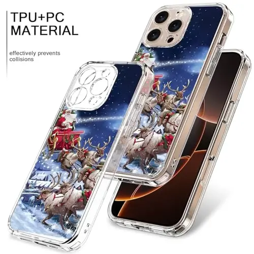 bicol Christmas Phone Case for iPhone 16 Pro Max with Screen Protector, Enhanced Camera Protection - Wireless Charging - Slim Shockproof Protective Acrylic Clear Cover for Women Girls - Santa Sleigh - 3