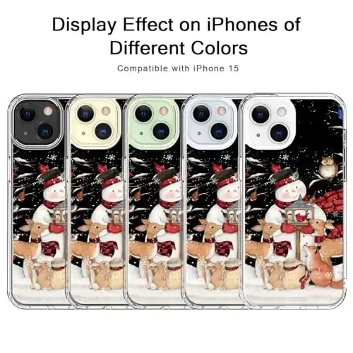 bicol Rojdestvo iPhone 15 uchun telefon qutisi ekran himoyachisi bilan, takomillashtirilgan kamera himoyasi - simsiz zaryadlash - ayollar uchun ingichka zarbga chidamli himoya akril shaffof qopqoq - bug'u bilan qor odam - 5