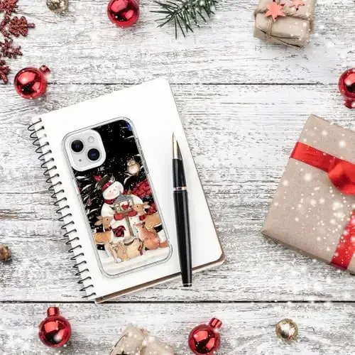 bicol Rojdestvo iPhone 15 uchun telefon qutisi ekran himoyachisi bilan, takomillashtirilgan kamera himoyasi - simsiz zaryadlash - ayollar uchun ingichka zarbga chidamli himoya akril shaffof qopqoq - bug'u bilan qor odam - 6