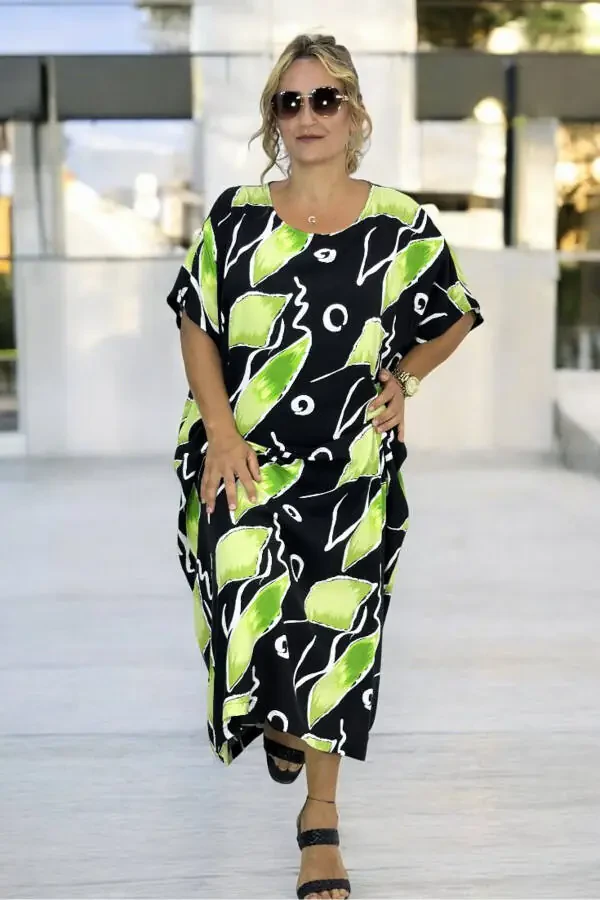 BICYCLE COLLAR LOW ARM COMFORTABLE FIT EXTRA LARGE SIZE COTTON VISCOSE SUMMER DRESS - 6