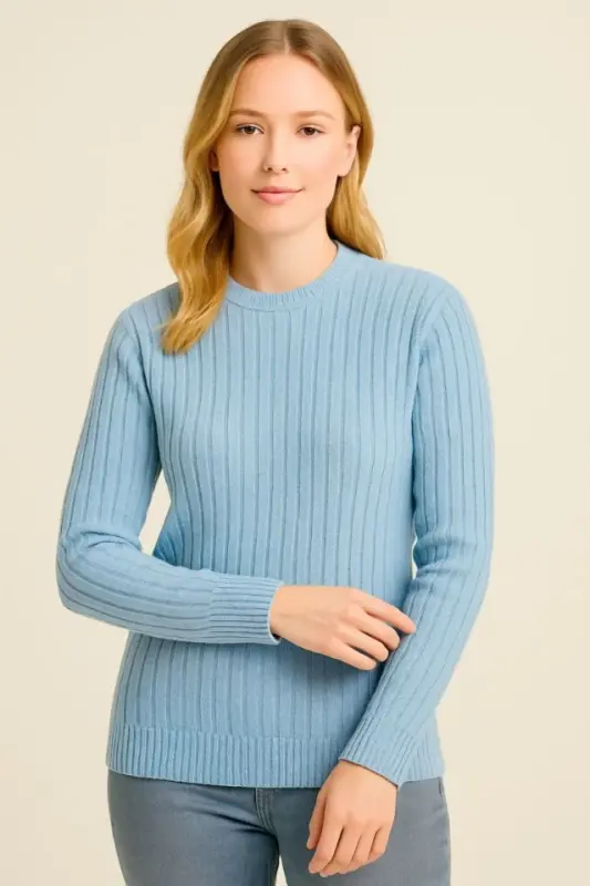 Bicycle Crew Neck Knit Sweater Cotton Thick Ribbed Knit, Regular Fit Long Sleeve Winter Model - Baby Blue - BÜYÜKBEDENIZ