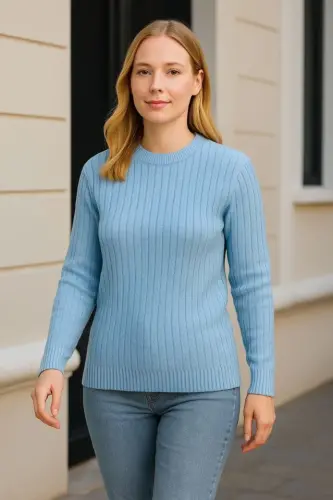 Bicycle Crew Neck Knit Sweater Cotton Thick Ribbed Knit, Regular Fit Long Sleeve Winter Model - Baby Blue - 3