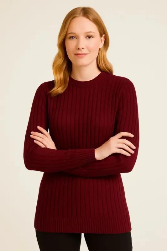 Bicycle Crew Neck Knit Sweater Cotton Thick Ribbed Knit, Regular Fit Long Sleeve Winter Model - Claret Red - 1