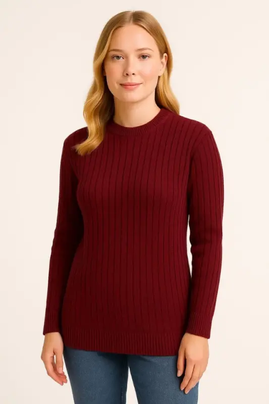 Bicycle Crew Neck Knit Sweater Cotton Thick Ribbed Knit, Regular Fit Long Sleeve Winter Model - Claret Red - 4