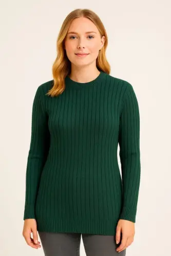 Bicycle Crew Neck Knitted Sweater Cotton Thick Ribbed Knit, Regular Fit Long Sleeve Winter Model - Khaki - BÜYÜKBEDENIZ (1)