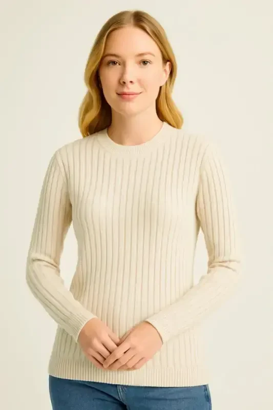 Bicycle Crew Neck Knitwear Sweater Cotton Thick Ribbed Weave, Regular Fit Long Sleeve Winter Model - Beige - BÜYÜKBEDENIZ