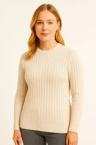 Bicycle Crew Neck Knitwear Sweater Cotton Thick Ribbed Weave, Regular Fit Long Sleeve Winter Model - Beige - 3