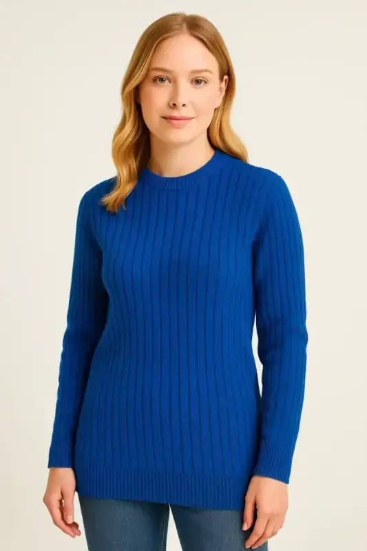 Bicycle Crew Neck Knitwear Sweater Cotton Thick Ribbed Weave, Regular Fit Long Sleeve Winter Model - Sapphire Blue - 3