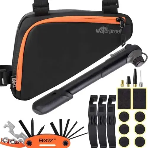 Bicycle Frame Repair Bag with Tire Patch and Inflate Pump - Portable Travel Emergency Tool Kit, Bike Accessories for Adult Bikes with IPX4 Waterproof - XCH ROBOTS