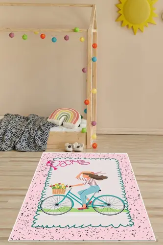 Bicycle Girl Floral Pattern Carpet Digital Printing Washable Non-Slip Base Pink Girls Room Carpet-Pink 