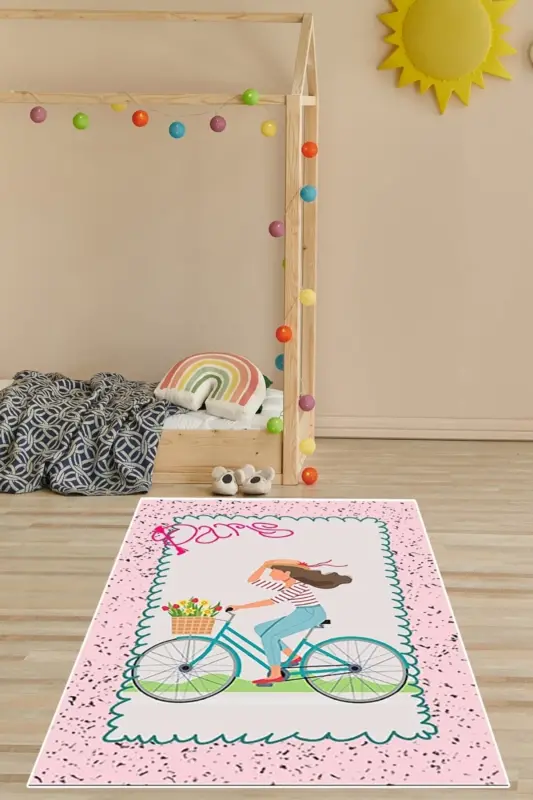 Bicycle Girl Floral Pattern Carpet Digital Printing Washable Non-Slip Base Pink Girls Room Carpet-Pink - PELANGI
