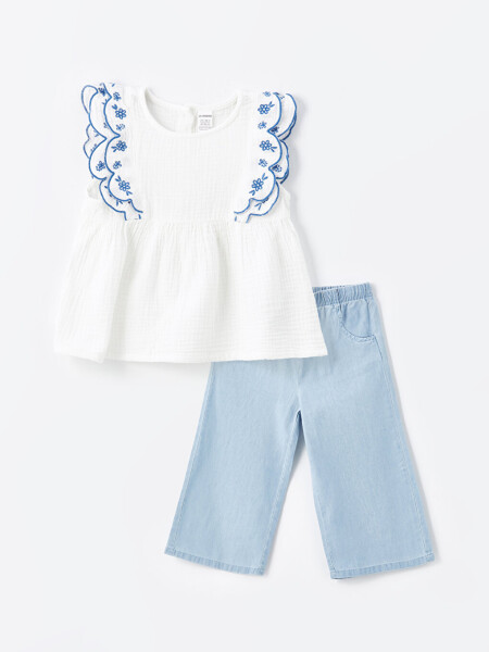 Bicycle Neck Short Sleeved Baby Girl Blouse and Trousers 2 Piece Set - 6