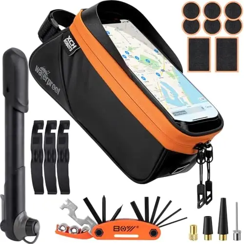 Bicycle Phone Frame Repair Bag with Tire Patch and Inflate Pump - Portable Travel Emergency Tool Kit, Bike Accessories for Adult Bikes with IPX4 Waterproof and Compatible Phone Under 7