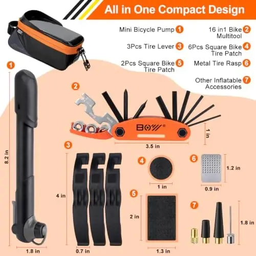 Bicycle Phone Frame Repair Bag with Tire Patch and Inflate Pump - Portable Travel Emergency Tool Kit, Bike Accessories for Adult Bikes with IPX4 Waterproof and Compatible Phone Under 7