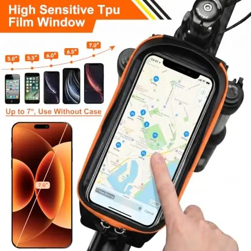 Bicycle Phone Frame Repair Bag with Tire Patch and Inflate Pump - Portable Travel Emergency Tool Kit, Bike Accessories for Adult Bikes with IPX4 Waterproof and Compatible Phone Under 7