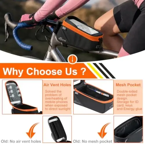 Bicycle Phone Frame Repair Bag with Tire Patch and Inflate Pump - Portable Travel Emergency Tool Kit, Bike Accessories for Adult Bikes with IPX4 Waterproof and Compatible Phone Under 7